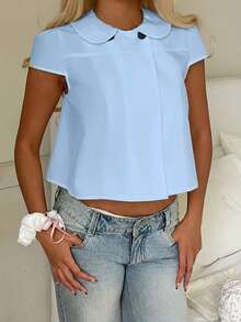 CovetEZ 女士娃娃脸短袖可爱浅蓝色衬衫 - 淺藍色 - 查看 4