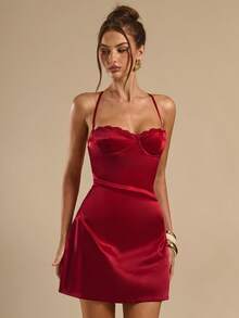 SHEIN BAE Đầm ngắn dáng chữ A hở lưng, cổ yếm bằng satin đỏ dành cho nữ, đầm đỏ. - Màu Đỏ Sâu - Xem 4