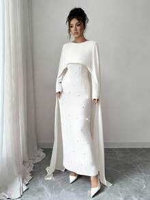 Elenzga 女士秋冬针织圆领长袖伞裙珍珠装饰修身长款派对连衣裙 - 白色 - 查看 5