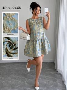 Elenzga Đầm nữ cỡ lớn thanh lịch cổ tròn viền bèo nhún chất liệu jacquard, thích hợp mặc hàng ngày, công sở và dạo phố, mùa xuân/hè. - Màu xanh lam - Xem 1