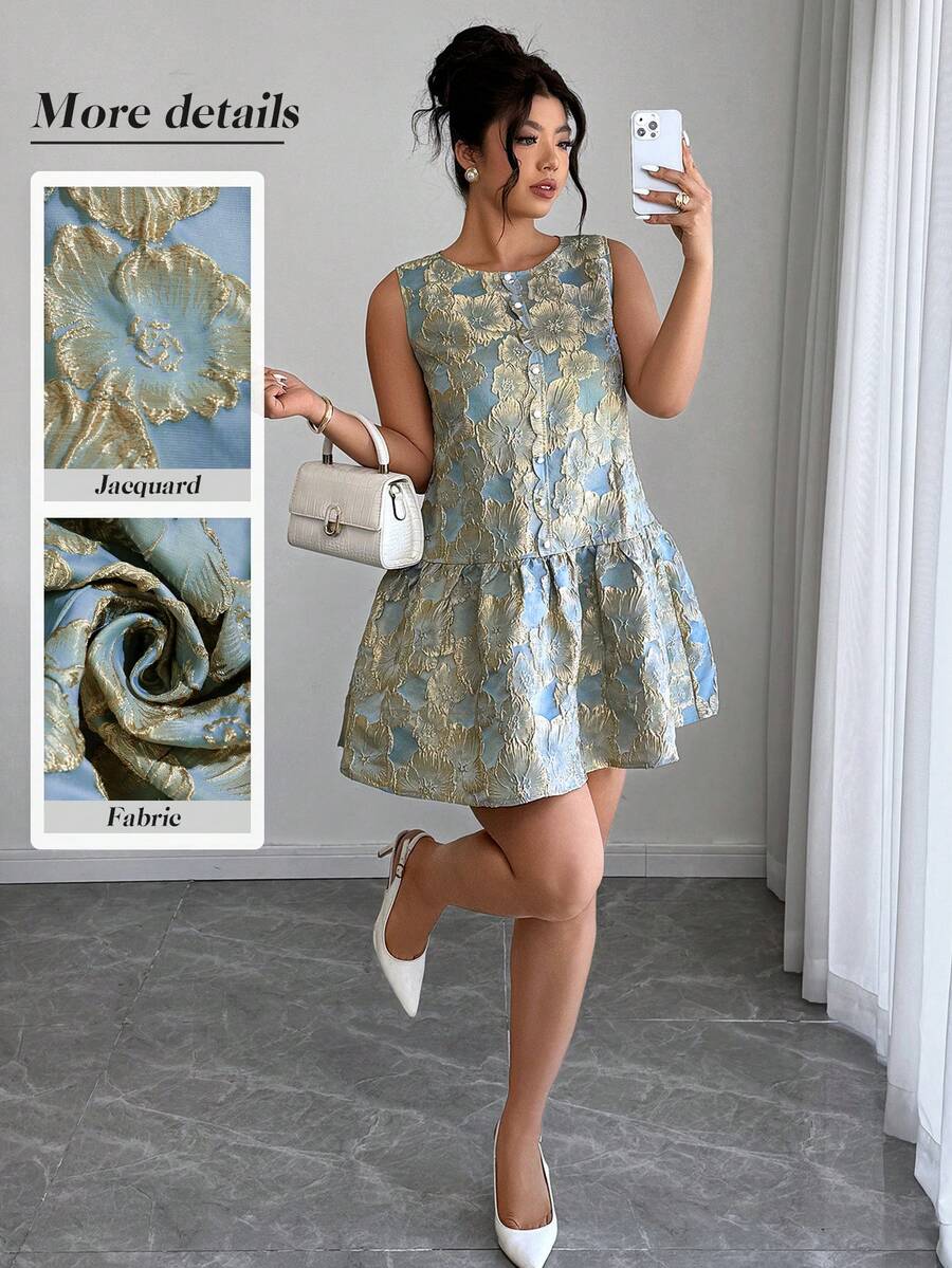 Elenzga Đầm nữ cỡ lớn thanh lịch cổ tròn viền bèo nhún chất liệu jacquard, thích hợp mặc hàng ngày, công sở và dạo phố, mùa xuân/hè. - Màu xanh lam - Xem 1