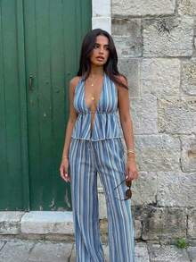 Aloruh 女士条纹露脐吊带上衣和开衩裤性感两件套 - 藍色 - 查看 9