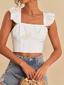 Travachic Women's Square Neck Cropped Embroidered Ruffle Hem Blouse - Apricot - View 4