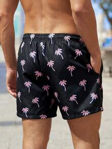 Palasendo 男士全印花休闲抽绳宽松沙滩短裤，带口袋，夏季 - 黑色 - 查看 2