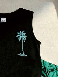 SHEIN Playful Pals 2pcs Baby Boy Outfit, Fashionable Minimalist Palm Tree Print Vest Top Paired With Palm Tree Print Shorts, Suitable For Summer Outings - Multicolor - View 6