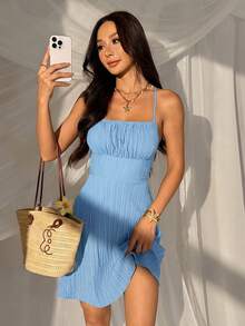 Vestido exclusivo sin espalda tejido en verde para mujeres - Celeste - Ver 4