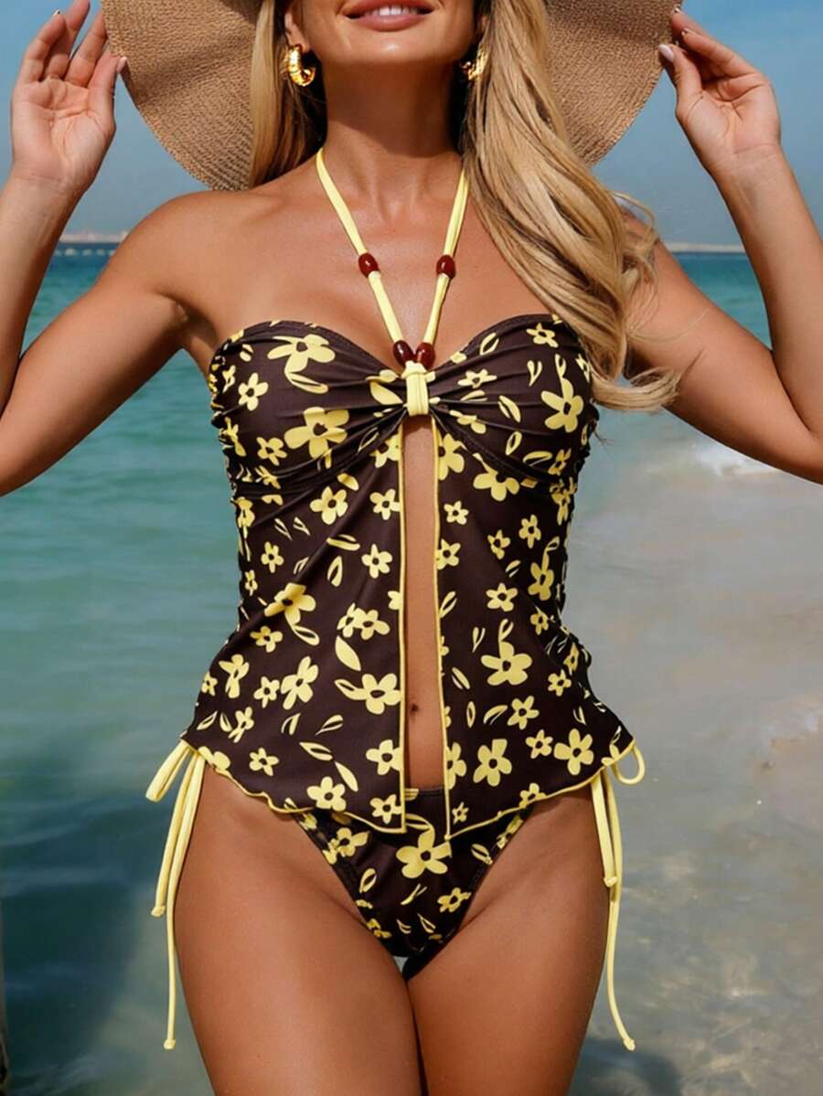 Swim Lushoire Bộ bikini 2 mảnh mùa hè dành cho nữ, kiểu dáng thoải mái, in họa tiết ngẫu nhiên, đính cườm, có dây rút, gồm áo crop top và quần bikini buộc dây bên hông gợi cảm, thích hợp cho kỳ nghỉ biển. - Nhiều màu - Xem 1