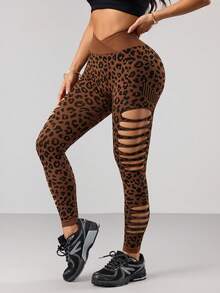 SHEIN Dewbera Quần legging thể thao nữ gợi cảm họa tiết da báo, cạp cao, khoét eo. - màu nâu - Xem 5