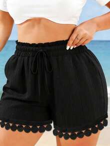 Linhara CURVE Plus Size Women Textured Floral Hem Splice Detail Vacation Shorts - Black - View 3