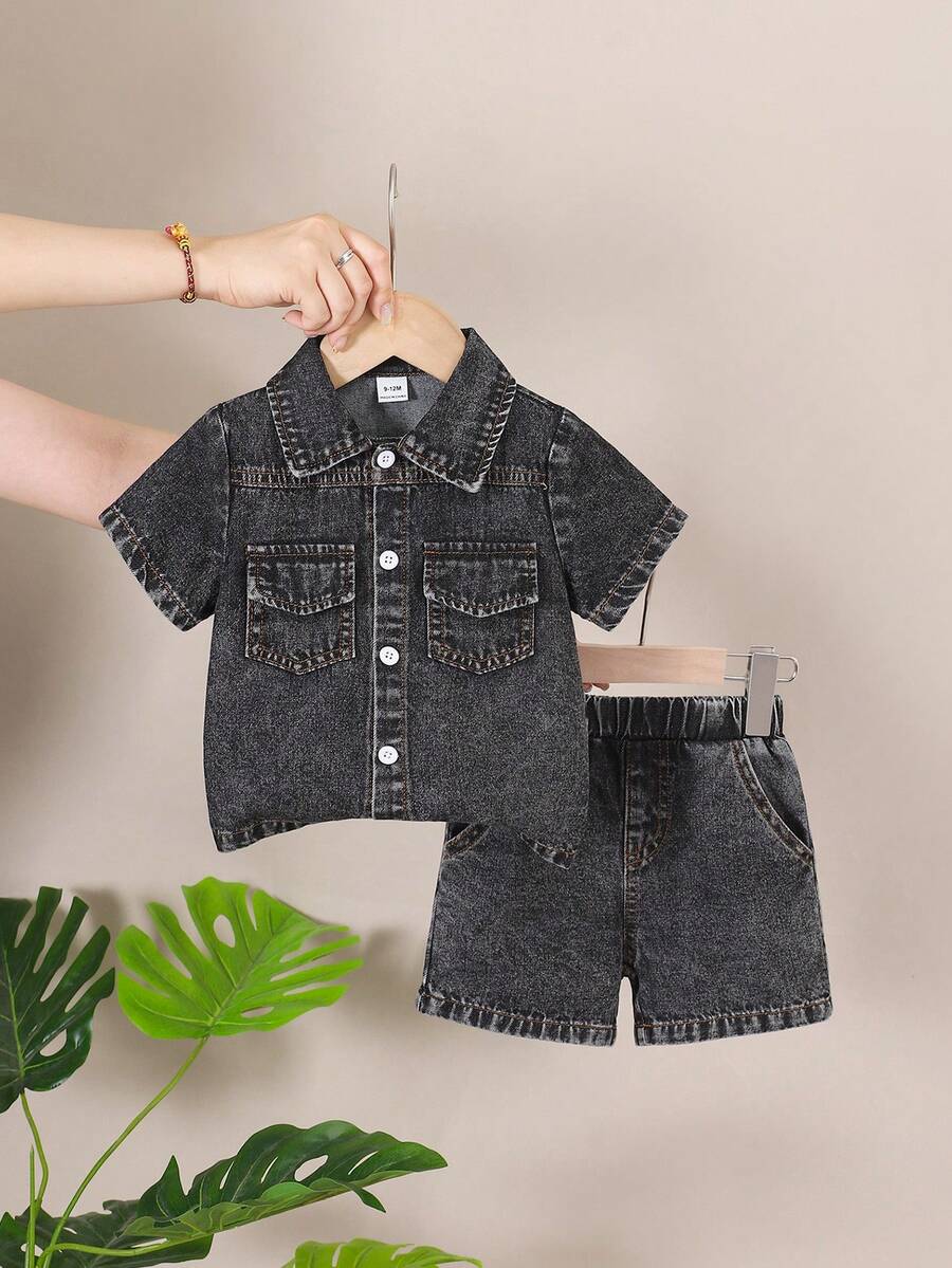 Áo sơ mi denim cổ bẻ cho bé trai, bộ đồ denim bạc màu. - Màu Xám nhạt - Xem 1