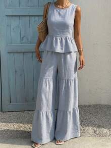 DAZY Women's Elegant Dusty Blue 2-Piece Set,Round Neck Sleeveless Ruffle Hem Camisole & Wide Leg Pants,Summer Tropical Vacation Holiday Lounge Sets - Blue - View 8