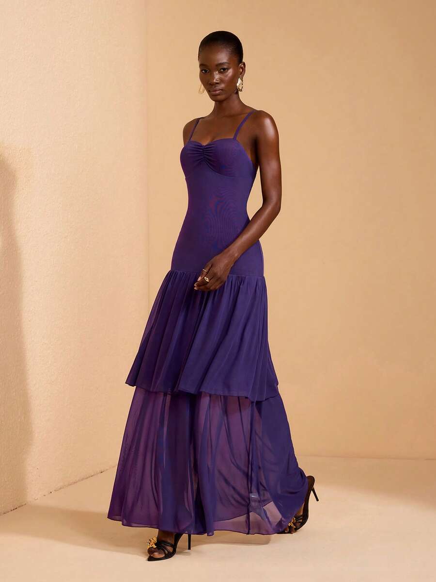 JIAN LASALA Vestido maxi de vacaciones con doble capa, ajustable y con pliegues oversize para mujeres - Morado - Ver 1