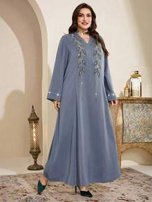 Al Najma Đầm maxi dài tay truyền thống Ả Rập cỡ lớn dành cho nữ, đính đá và sequin, trang phục dạ hội trang trọng. - Màu xanh lam - Xem 6