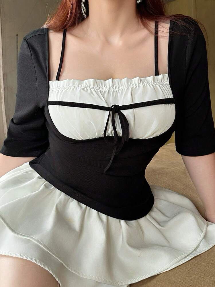 Dazy Plus 2 In 1 Splicing Contrast Color Pleated Drawstring Tie Waist Slim Casual Versatile Black Short Sleeve T-Shirt