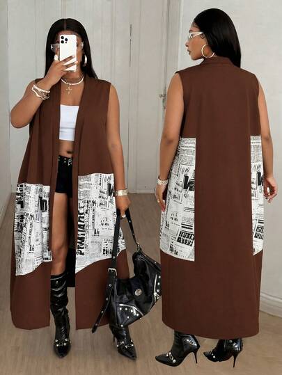 Maweii Áo khoác cardigan dài không tay cỡ lớn dành cho nữ, họa tiết báo chí phối nhiều mảnh, kiểu dáng giản dị, thích hợp mặc hàng ngày, màu đen trắng, trang phục thường ngày cho nữ.