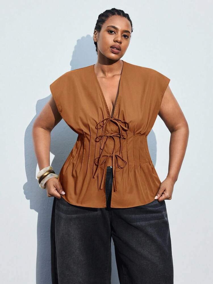 SHEIN Maija Damen Große Größen Sommer 2026 Neue Ankunft Lose Ärmellose Bluse, Schlankheits Taille Schleife Design, Lässig Elegant Pendler Vielseitig Weste Top für Alltag, Musikfestival, Strandurlaub, Abschluss