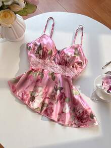 Flirla Camiseta sin tirantes con cuello en V, estampado floral, parches y ribete de encaje en la cintura para mujeres - Rosa - Ver 4