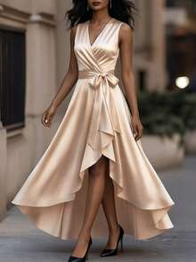 Balvessa 缎面V领无袖褶皱收腰连衣裙，女士奢华连衣裙，女士正式礼服，婚礼宾客礼服，优雅女士派对礼服，女士精美连衣裙 - 卡其色 - 查看 3