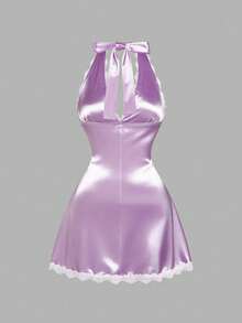 Sweetra Gaun Seksi Berpotongan V Dalam dengan Renda Satin, Gaun Mini A-Line Tanpa Punggung, Serbaguna & Melangsingkan untuk Perjalanan & Liburan - Mauve Purple - View 2