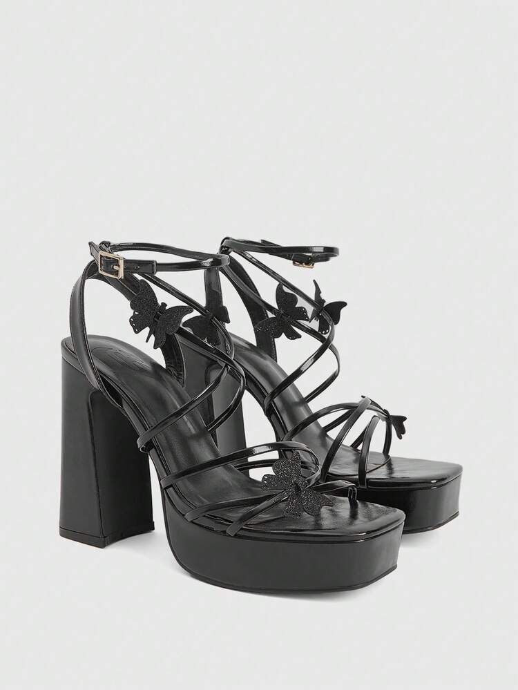 CUCCOO LuxiPop Women Shoes Gold Metal PU Color Scheme Butterfly Decoration Thin Strip Fashion Sexy Gorgeous Thick Heel Water Table High Heel Sandals