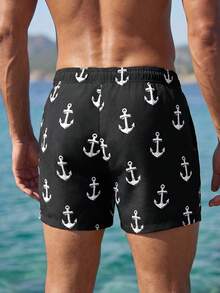 Manfinity Swimmode Men's Anchor Print Casual Beach Shorts - Black - View 2
