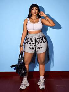 Maweii Plus Size Women's Summer Casual Loose Mesh Patchwork Printed Shorts, Suitable For Street, Party, And Vacation Wear - Black and White - View 2