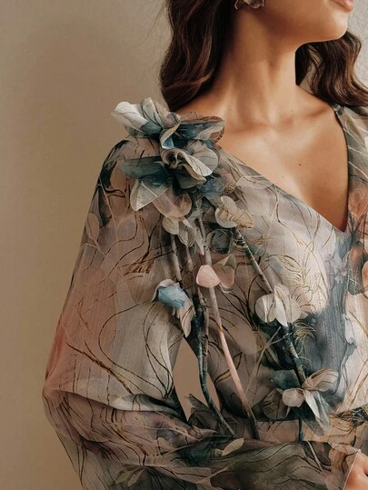 Anewsta New Elegant Floral Chiffon Maxi Dress, Suitable For Wedding Guest, Beach Vacation, Bohemian Style, With Bell Sleeves, 3D Floral Appliques, V-Neck, Suitable For Cocktail Party, Vacation, Casual Wear