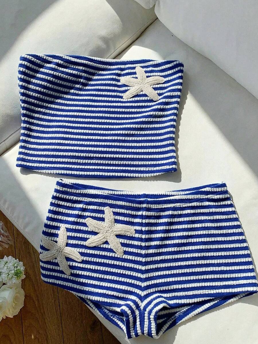 Comfortcana 海军蓝条纹海星装饰针织抹胸上衣和短裤套装 - 寶藍色 - 查看 1