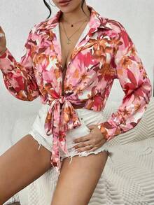 EMERY ROSE Plus Size Women Loose Tie-Front Floral Casual Shirt - Multicolor - View 3