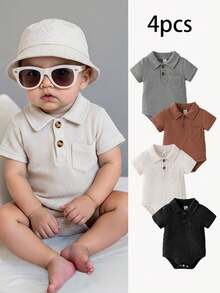 SHEIN Playful Pals 4件裝嬰兒男/女童夏季華夫格面料短袖POLO連身褲 黑白條紋休閒款 親子套裝 日常戶外玩樂派對穿搭 - 彩色 - 查看 6