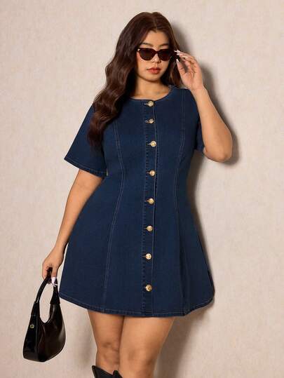 Elaquor Đầm denim xếp ly thời trang cài cúc đơn dành cho nữ cỡ lớn, thích hợp cho buổi hẹn hò.