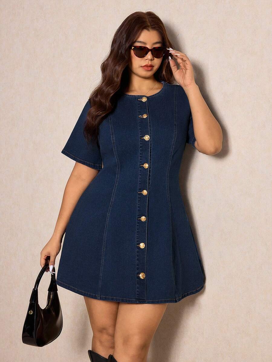 Elaquor Plus Size Women Single-Breasted Ruched Fashionable Date Denim Dress - Light Wash - View 1