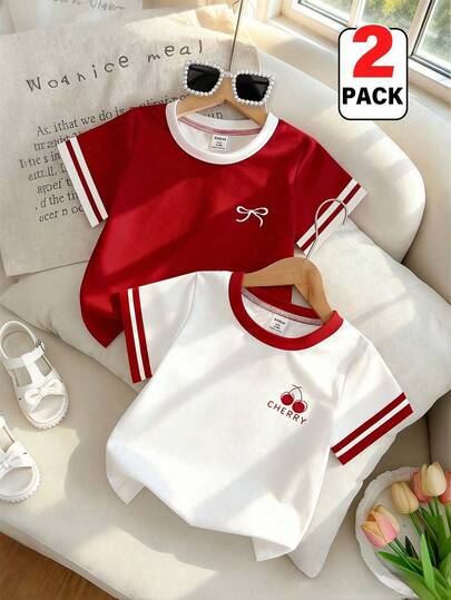 SHEIN Playful Pals 2 piezas Conjunto de camiseta de manga corta de cuello redondo con bloques de color retro para bebé/niña pequeña, con gráfico de cereza y lazo, informal, suave y cómodo, adecuado para el verano, 6M-3T