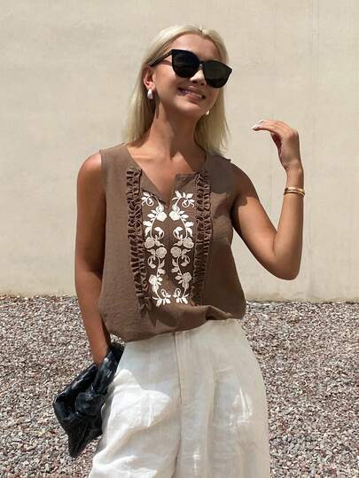 Livesso 女士花卉印花荷叶边无袖休闲衬衫