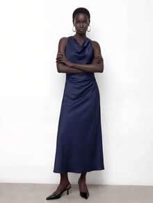 Maija 女士纯色褶皱领无袖连衣裙，优雅商务休闲风格，复古风 - 藍色 - 查看 3