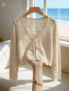 Franclia New Solid Color Hollow Crochet Lace Lightweight Cardigan, Versatile Outerwear For Women - Khaki - View 9