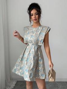 SHEIN Elenzya 优雅浪漫度假通勤派对提花浅绿色浅金色珍珠纽扣无袖女士迷你连衣裙 - 綠色 - 查看 3