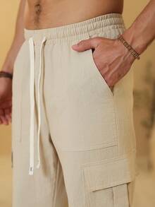Palmeraft Men's Solid Color Drawstring Waist Casual Cargo Pants, Versatile For Daily Wear - Khaki - View 5