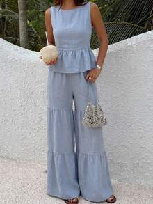 DAZY Women's Elegant Dusty Blue 2-Piece Set,Round Neck Sleeveless Ruffle Hem Camisole & Wide Leg Pants,Summer Tropical Vacation Holiday Lounge Sets - Blue - View 7
