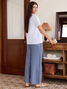 Bộ đồ ngủ nữ kiểu Mỹ thường ngày kẻ sọc phối màu tương phản - Nhiều màu - Xem 2