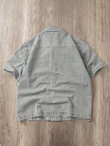 Manfinity Joysei 男士休闲条纹宽松灰色牛仔短袖衬衫，街头时尚 - 灰色 - 查看 2