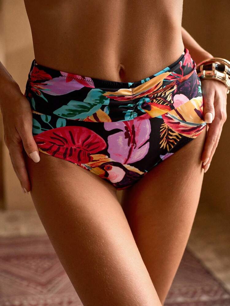 TROPICAL RAINFOREST PALM LEAF & PARROT MULTICOLOR PRINT HALTER TIE WAIST RUCHED RELAXED VACATION BIKINI SWIMSUIT SET