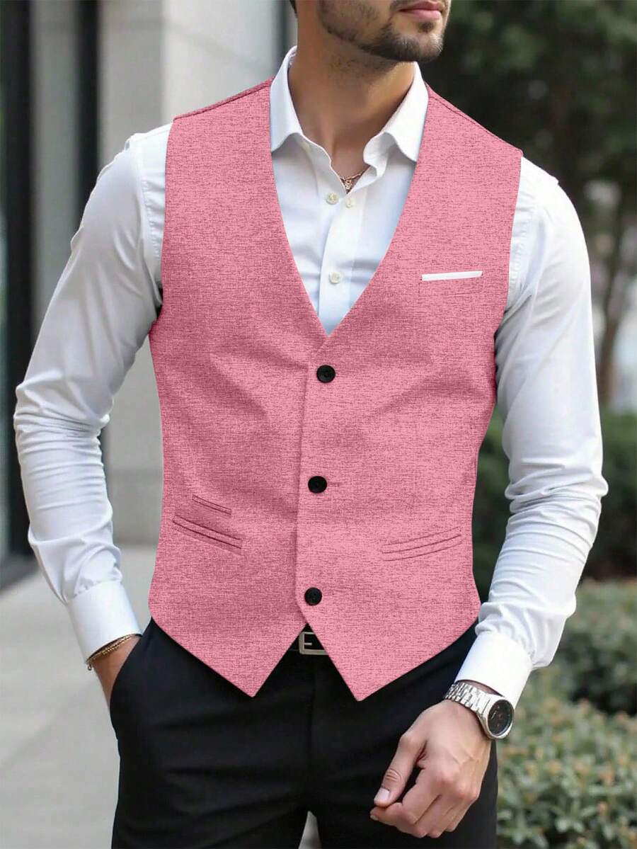 Manfinity Mode Rompi Jas Pria Warna Pink Lembut, Pakaian Formal Kasual Musim Panas Kancing Tunggal untuk Pernikahan, Perjalanan Bisnis Sehari-hari, Rompi Serbaguna dengan Penutup Kancing yang Modis - Berwarna merah muda - View 1