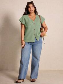 Elaquor Plus Size Elegant French Casual Embroidered Minimalist Metal Button Cardigan, Versatile Knit Vest Top For Commute, Spring/Summer Lightweight Sweater For Women - Green - View 1