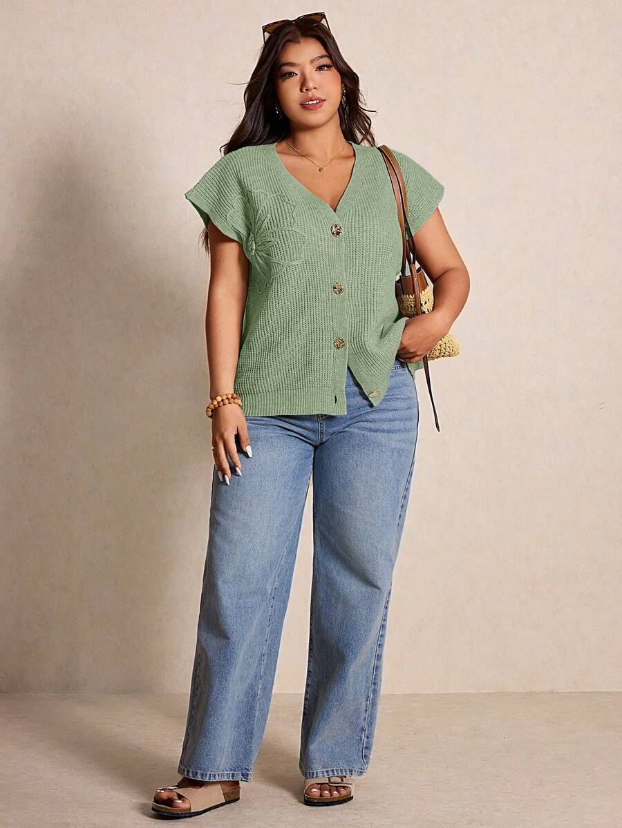 Elaquor Plus Size Elegant French Casual Embroidered Minimalist Metal Button Cardigan, Versatile Knit Vest Top For Commute, Spring/Summer Lightweight Sweater For Women - Green - View 1