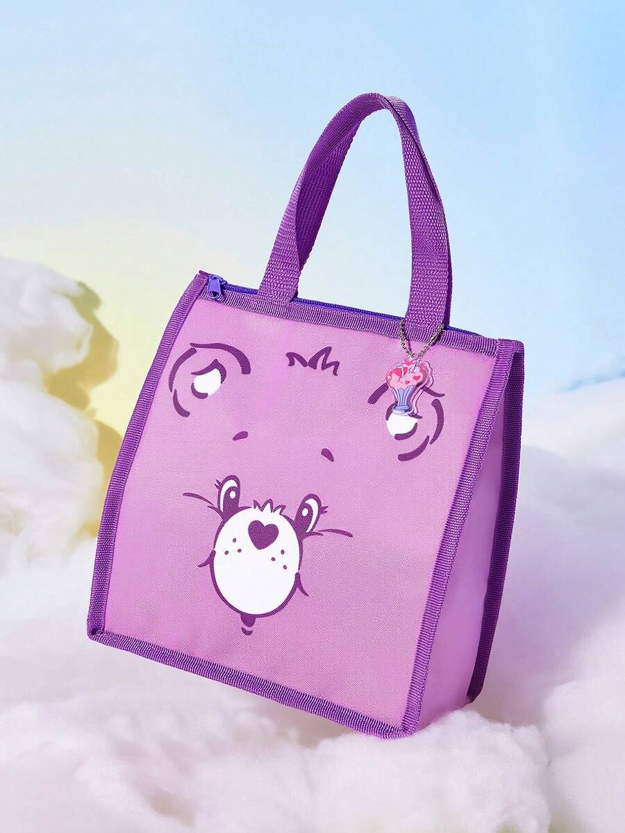 SHEIN X Care Bears 1个印花图案保温午餐包，可保温或保冷，野餐包，大容量，可装午餐盒和饮料，适合野餐、露营、旅行、家庭使用，适合家庭、学生、分享熊 - 紫色 - 查看 1
