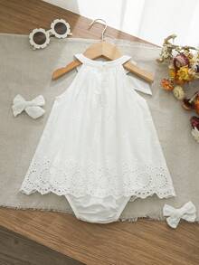 Cozy Pixies Baby Girl Sleeveless Romper With Decorative Ruffle Trim, Versatile & Comfortable - White - View 5