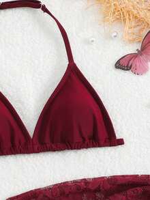 SHEIN Cute Girls' Ditsy Floral Triangle Bikini Set (Print Randomly) - Burgundy - View 5