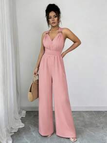 Selianne Bộ jumpsuit ống rộng cổ chữ V thắt eo, màu xanh dương, kiểu dáng thường ngày dành cho nữ, trang phục mùa hè thoải mái. - Hồng - Xem 5
