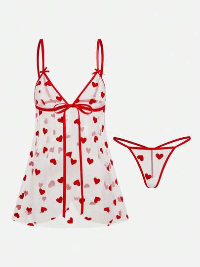 2pcs Women's Sexy Floral Mesh Robe Set, Front Tie Bow Decor Lingerie Set, For Christmas